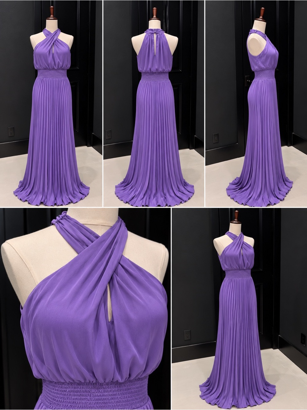 Elegant Halter Pleated Evening Gown in Lavender